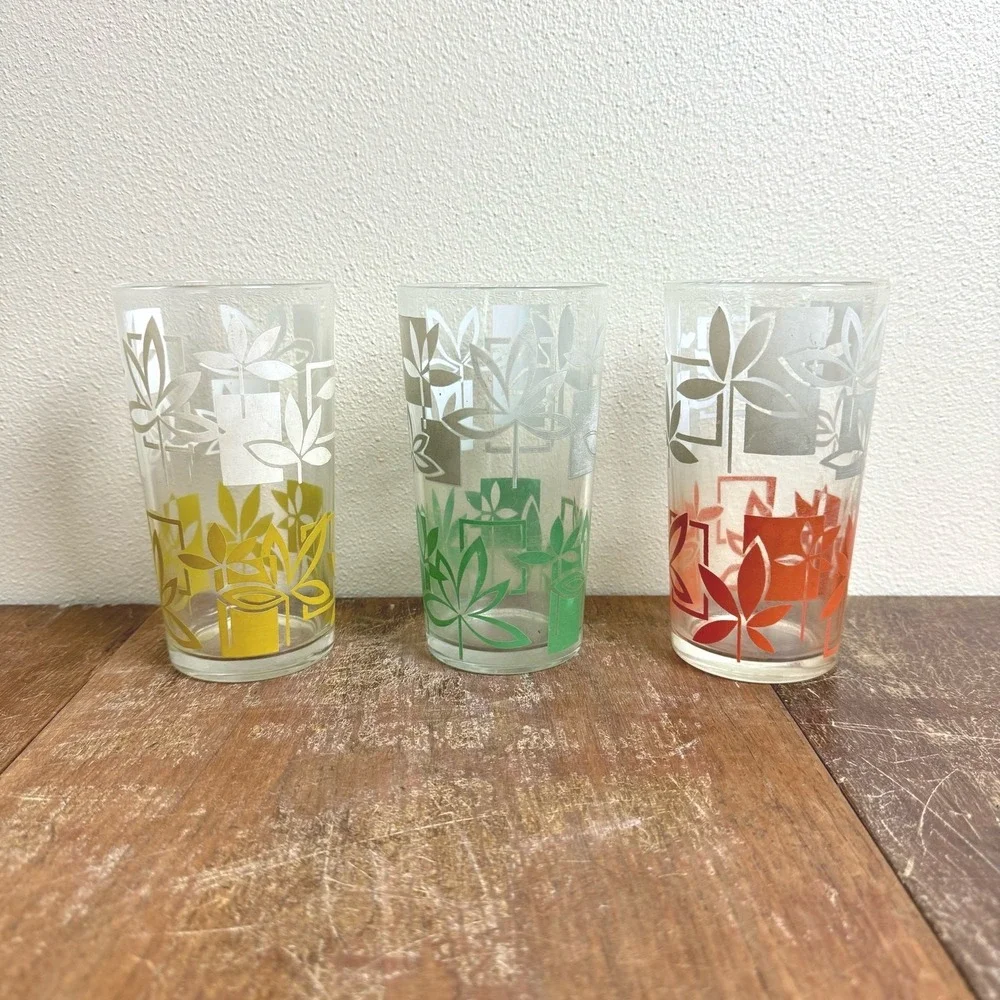Set of 3 MCM Vintage Two Tone floral print drinking glasses yellow green orange‎